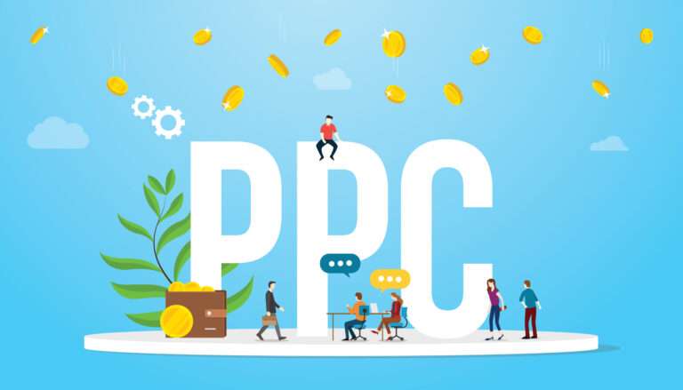 ppc pay per click concept advertising business affiliate with big words and team people with money falling from sky - vector illustration